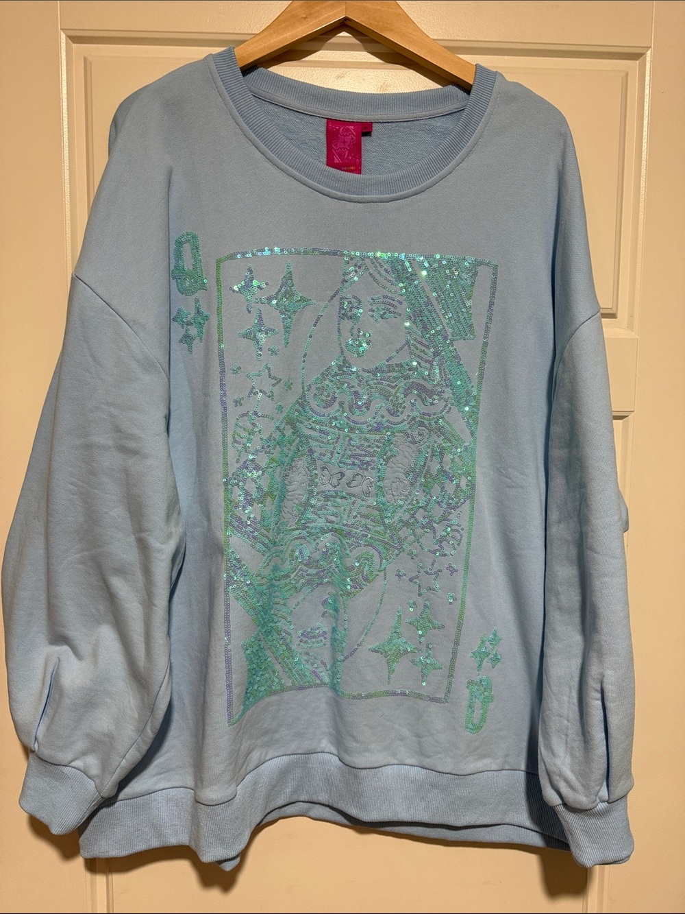 QUEEN OF SPARKLES Light Blue Sequin Queen Graphic Sweatshirt